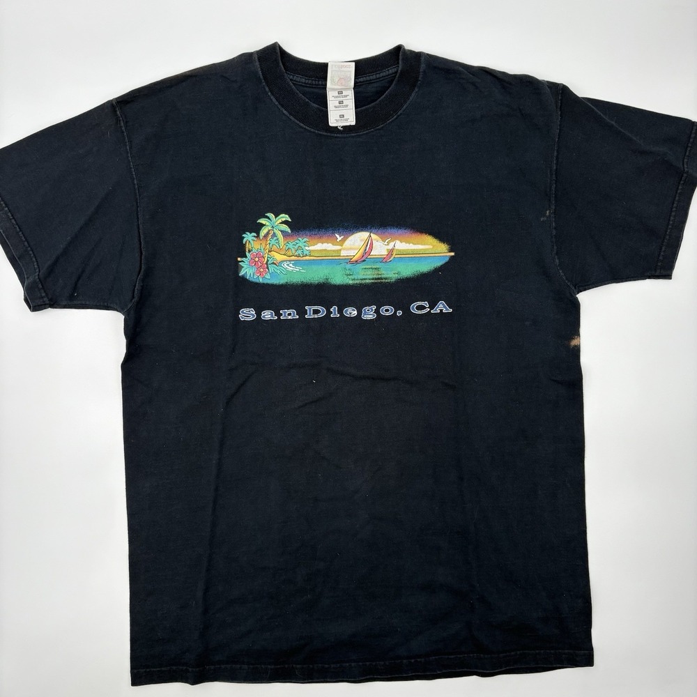 Vintage Fruit of the Loom San Diego CA T-Shirt Mens XL Black Graphic Tee